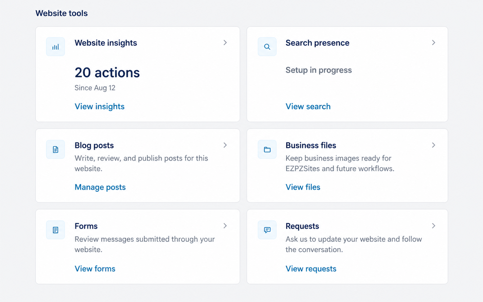EZPZ Central website tools for insights, search, blog, files, forms, and requests