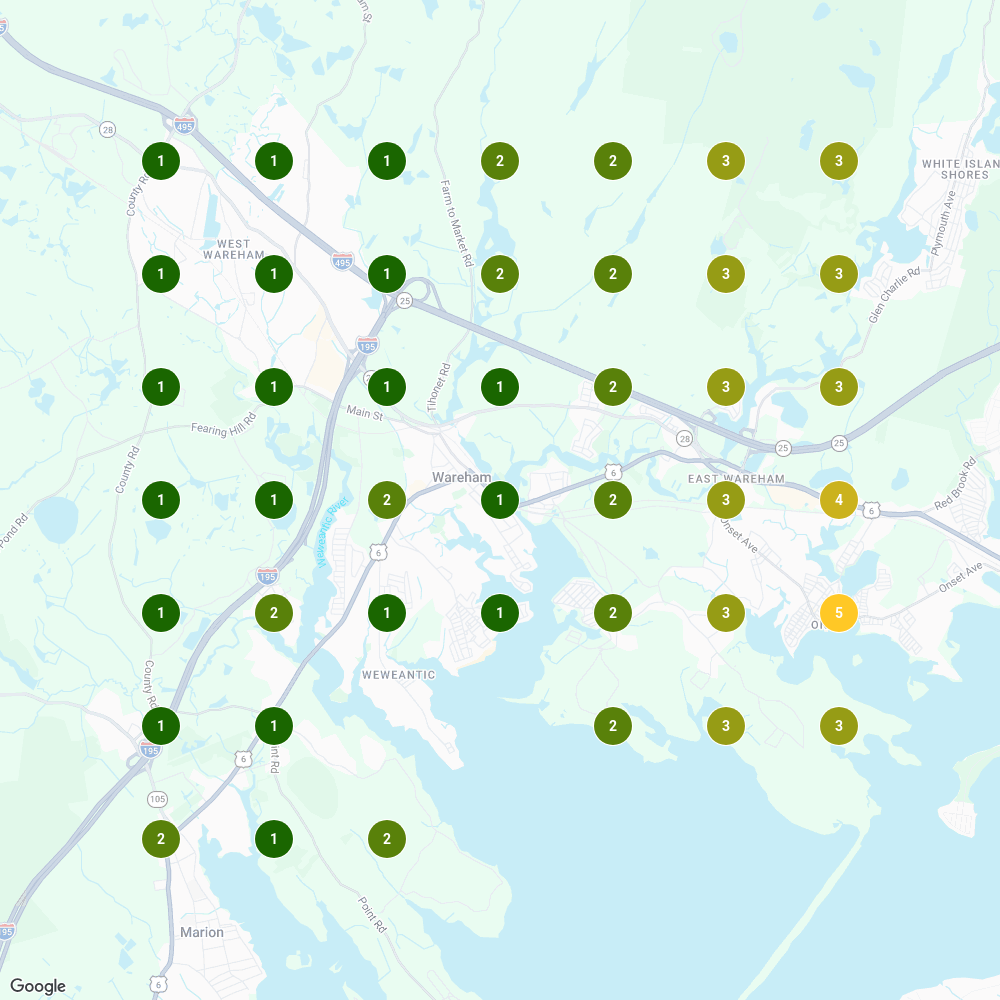 Example local search visibility grid with numbered ranking points around Wareham