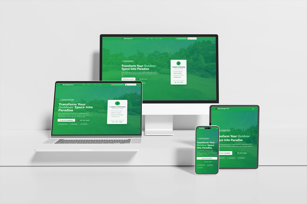 Landscaping services website displayed across multiple devices