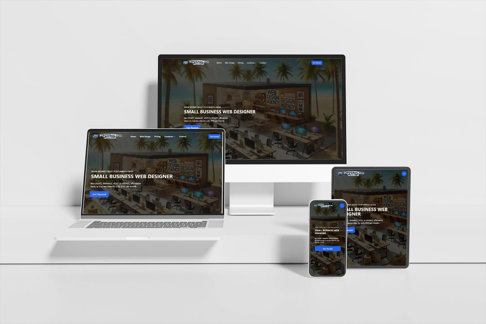 Responsive EzPz sample website displayed across desktop, laptop, tablet, and phone screens
